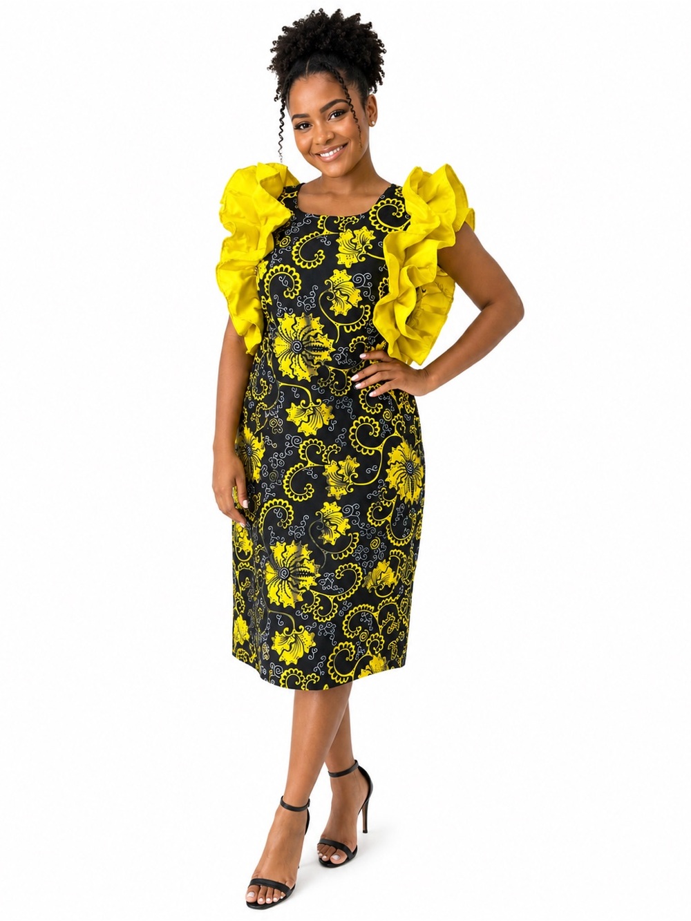 Yellow Floral Ruffle Ankara Sleeve Sheath Dress